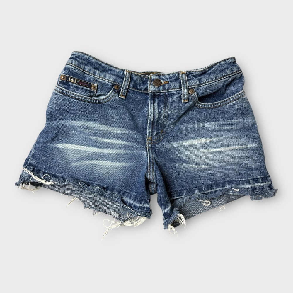 LEI Denim Shorts Women Size 1 Blue‎ Cut Off Frayed Y2K Hem Low Rise 100 Cotton